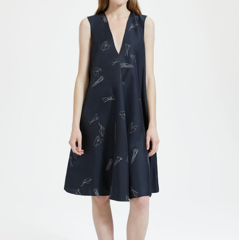 NWT Theory Abstract Twill V-Neck A-Line Dress